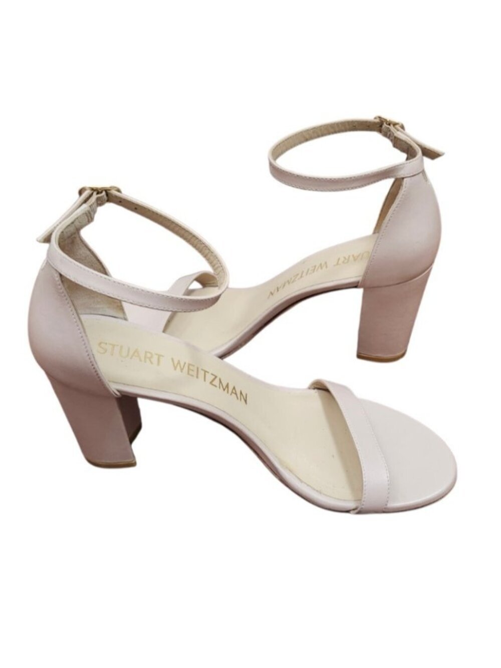 Stuart Weitzman NearlyNude Ankle Strap Sandals 8.5 Blush Pink Leather Block Hees - Picture 9 of 16